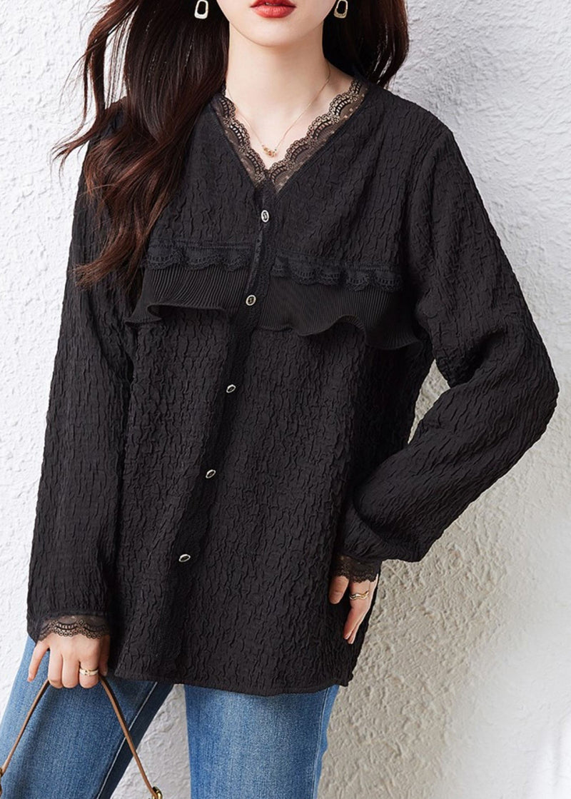 Black V Neck Ruffled Lace Patchwork Top Fall
