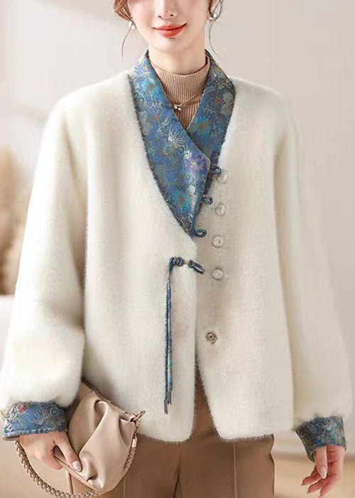 White Asymmetrical Button Mink Velvet Coat Winter