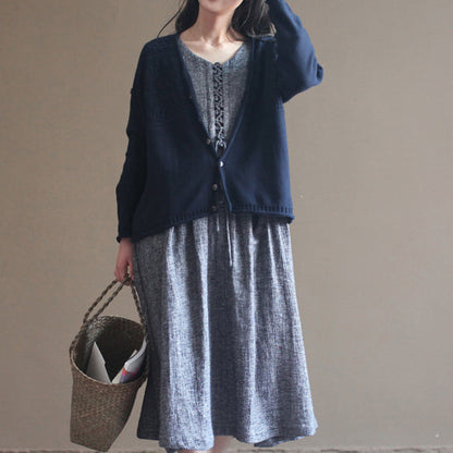 Autumn V Neck Cotton Knit Cardigans Navy Sweater Tops