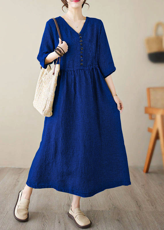 V Neck Plaid Patchwork Button Linen Maxi Dresses Summer