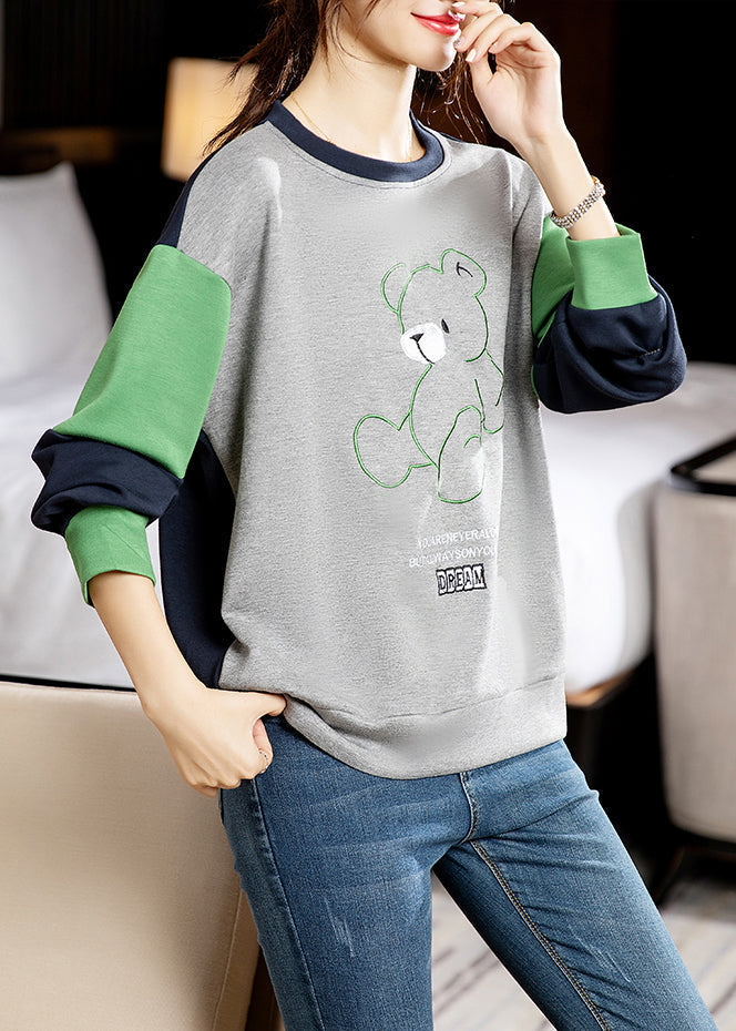 Grey O-neck Embroidered Patchwork Cotton Sweatshirt Long Sleeve