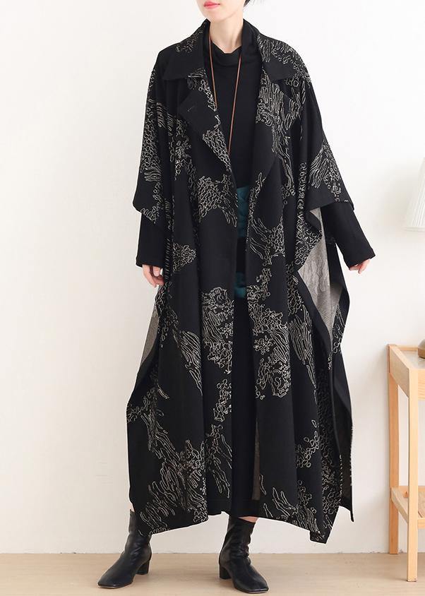 Notched Asymmetric Coats Black Print Silhouette Coats