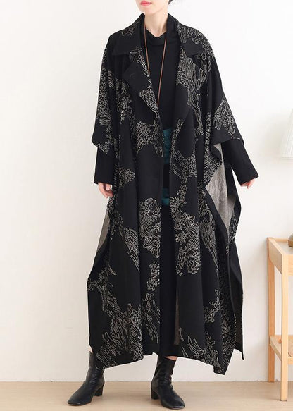 Notched Asymmetric Coats Black Print Silhouette Coats