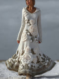 Comstylish Vintage White Roses Cozy Hooded Maxi Sweater Dress