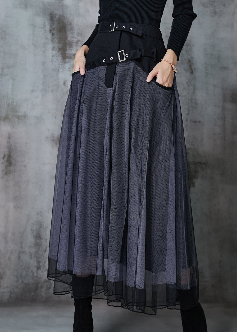 Grey Exra Large Hem Patchwork Tulle Pleated Skirt Spring