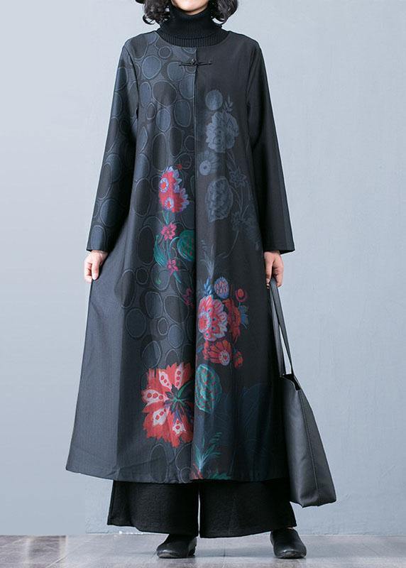 Fine Black Prints Overcoat Long Jackets Fall Trench Coats Chinese Button