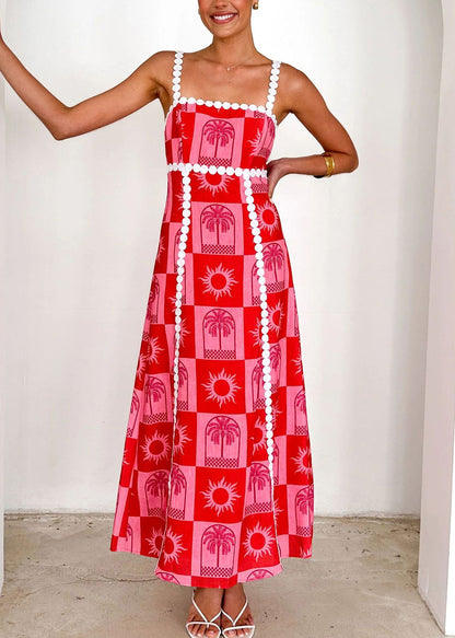 Beige Print Cotton Spaghetti Strap Dress Summer
