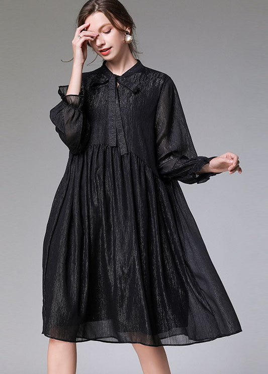 Black O-neck Patchwork Wrinkled Chiffon Mid Dresses Long Sleeve