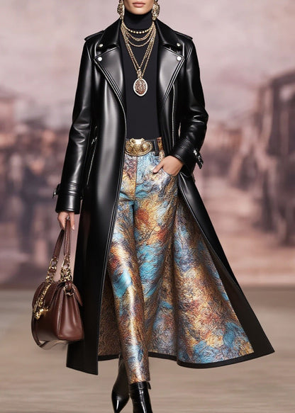 Black Peter Pan Collar Pockets Faux Leather Coat Spring