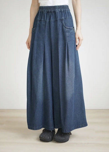 Spring Summer Blue Elastic Waist Wrinkled Wide Leg Pants