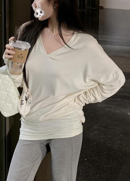 Beige Loose Cotton Spring Top V Neck