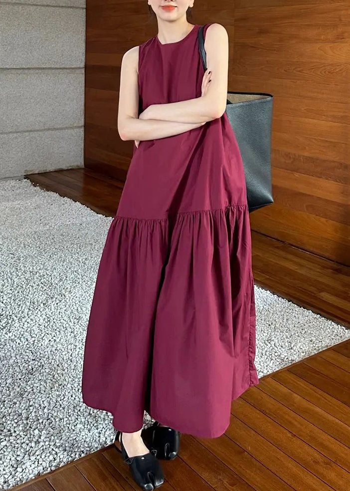 Simple Wine Red Pockets Wrinkled Cotton Long Dresses Sleeveles