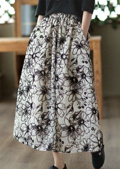 Beige Wrinkled Embroideried Linen Skirt Summer