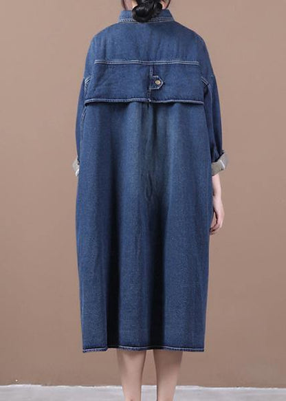 100% Lapel Patchwork Outfit Ideas Denim Blue Long Dress