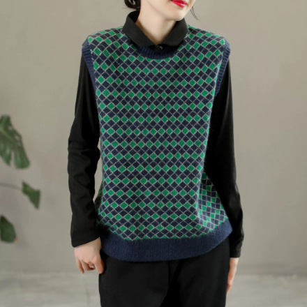 Plaid Round Neck Warm Knitted Sweater Vest