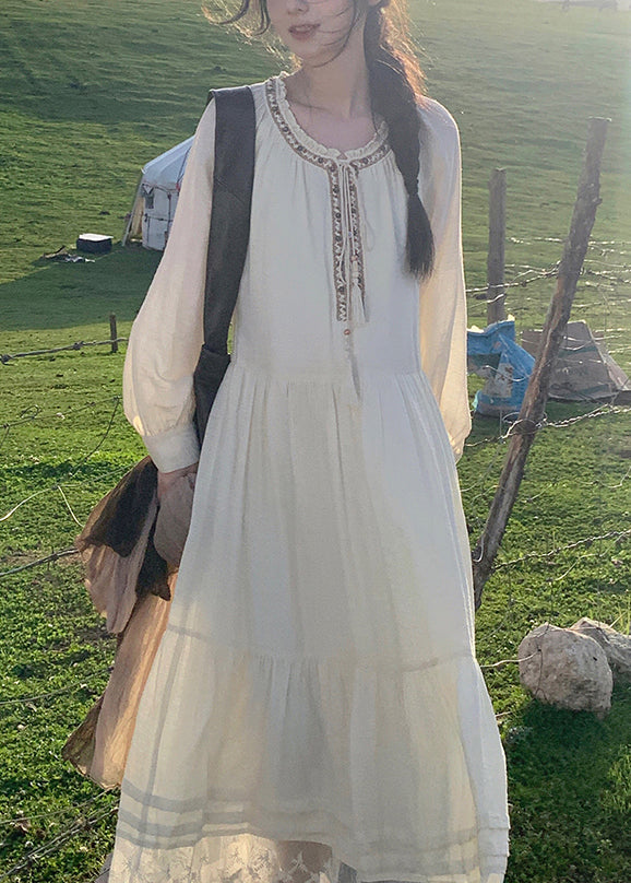 Beige Lace Patchwork Cotton Long Dress Spring