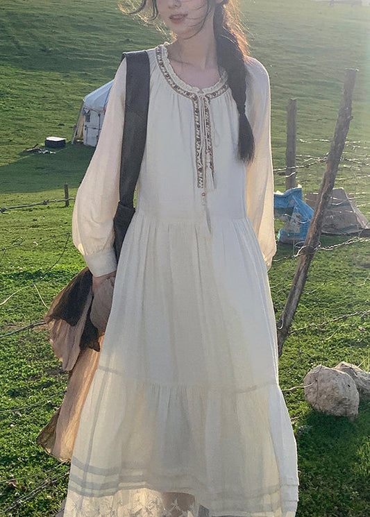Beige Lace Patchwork Cotton Long Dress Spring