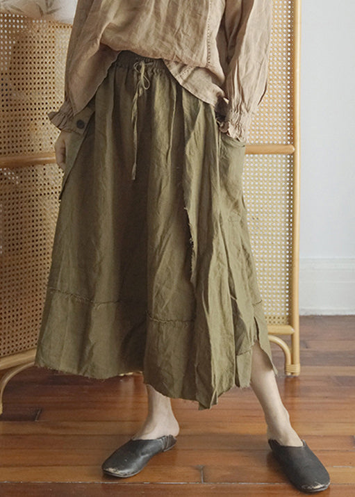 Green Elastic Waist Drawstring Asymmetrical Pocket Linen Skirt Spring