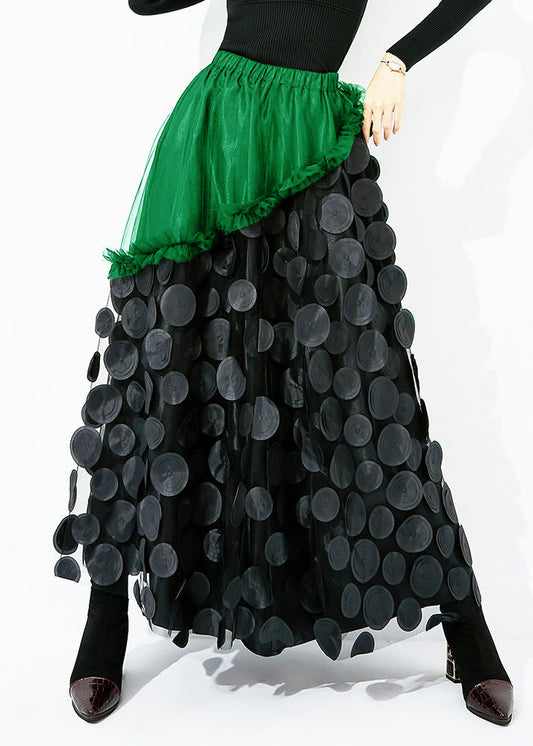 Original Design Green-black Dot Elastic Waist Patchwork Wrinkled Tulle Skirt Summer