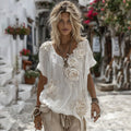Vintage White Floral Embroidery Art Short-sleeved Linen Shirt elevenforest