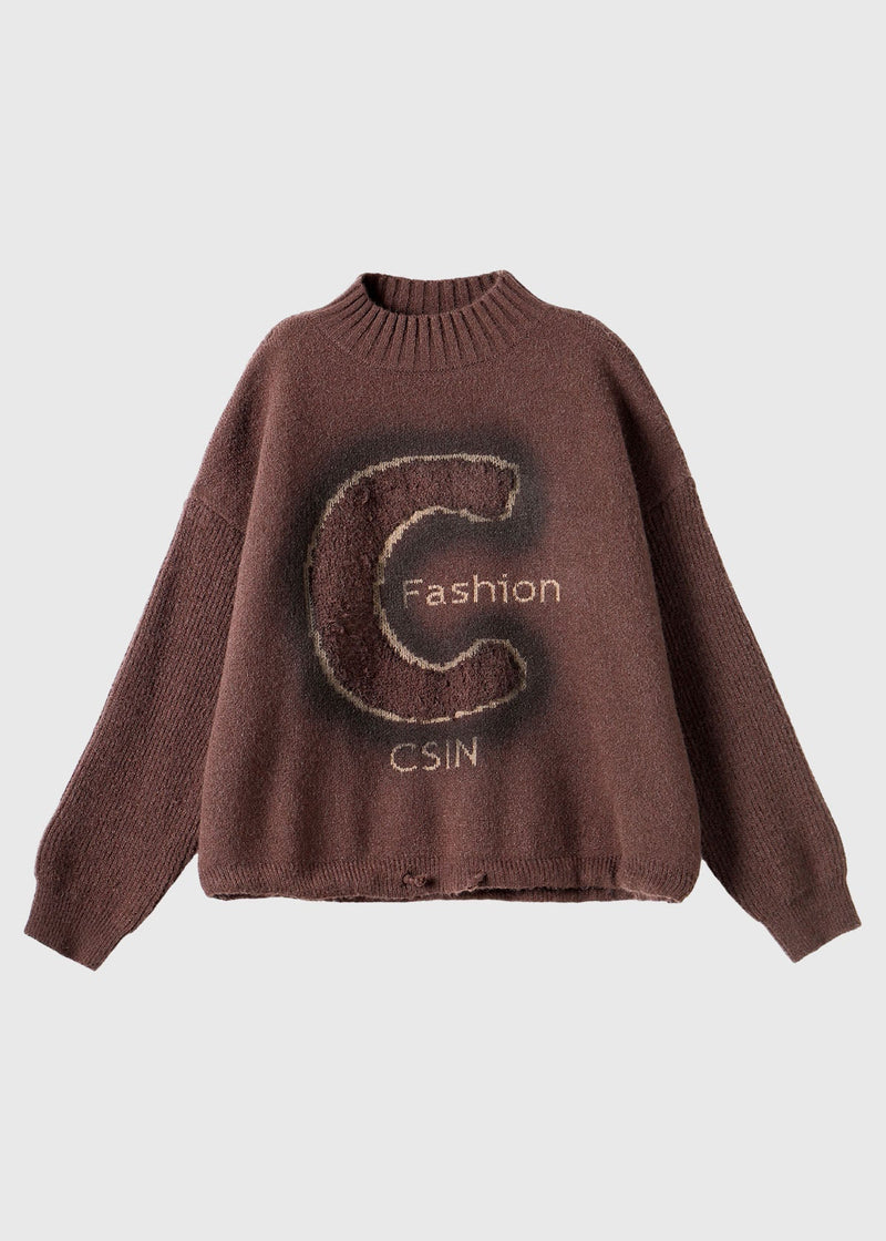Coffee Turtleneck Alphabet Print Thick Cotton Knit Sweaters Long Sleeve
