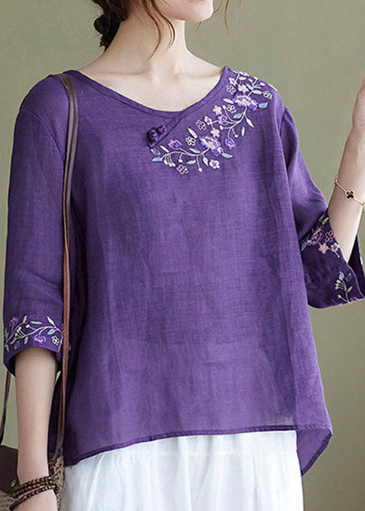 Diy Purple Embroidered Side Open Half Sleeve Top