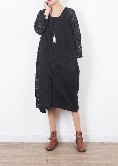 French Black Lace Clothes for Omychic Work Outfits V Neck Loose Summer Hollow Out Cardigan