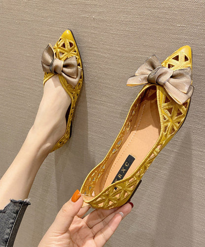 Yellow Pointed Toe Hollow Out Bow Flat Feet Shoes