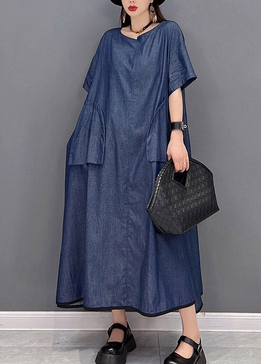 Denim Blue O-neck Pockets Long Dresses Short Sleeve