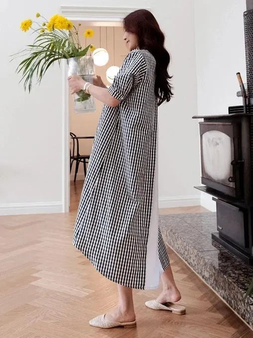 French Black White Plaid Cotton Clothes Lapel Low High Design Cotton Dress