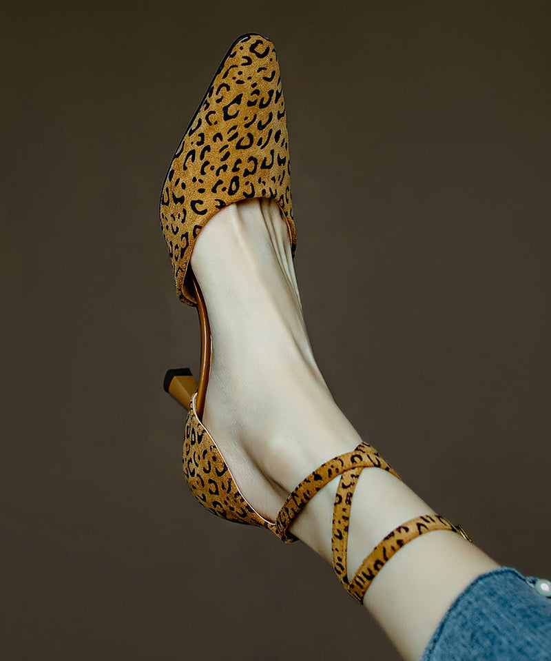 Leopard Lace Up High Heel Suede Sandals