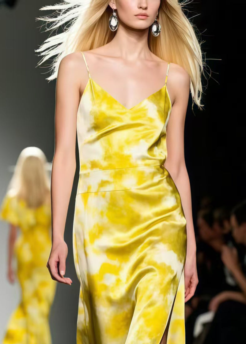Yellow Tie Dye Side Open Silk Spaghetti Strap Dress Summer