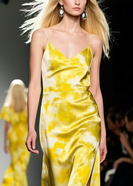 Yellow Tie Dye Side Open Silk Spaghetti Strap Dress Summer