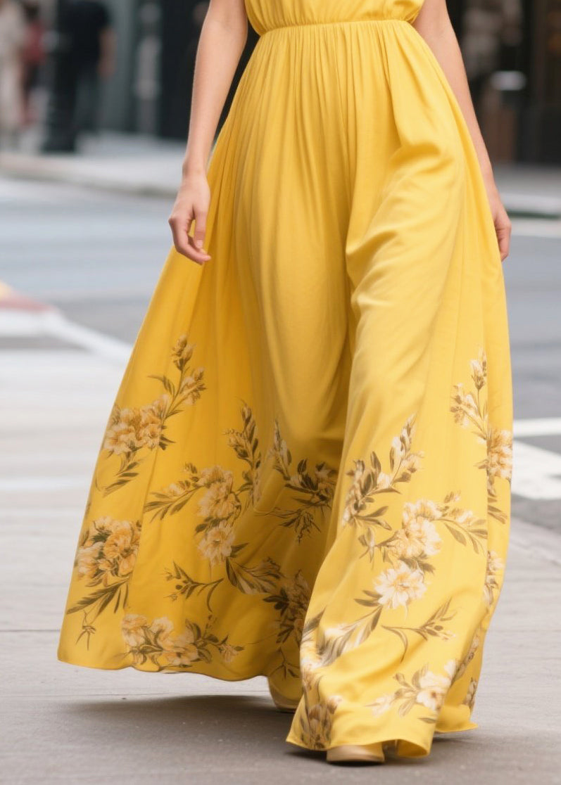 Yellow Print Draping Chiffon Sundress Summer