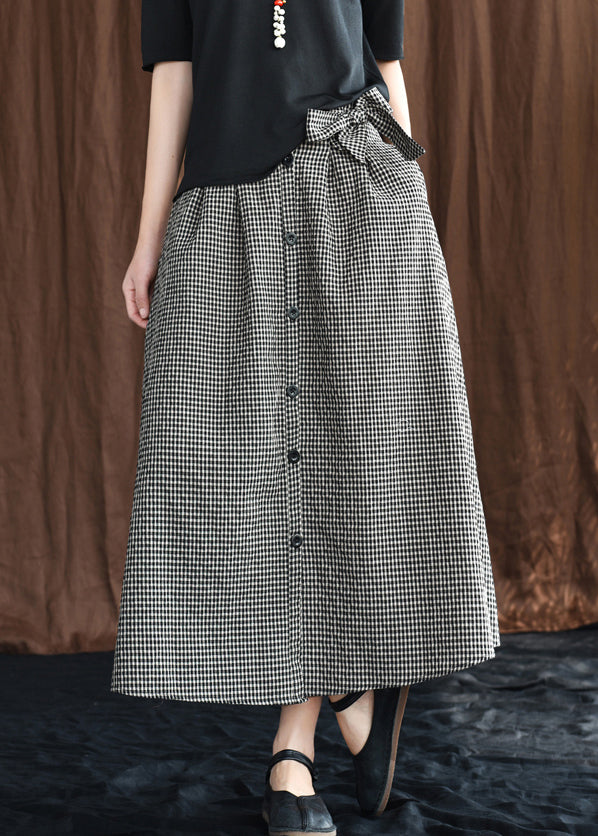 Black Bow Button Pockets Plaid Linen a Line Skirts Summer
