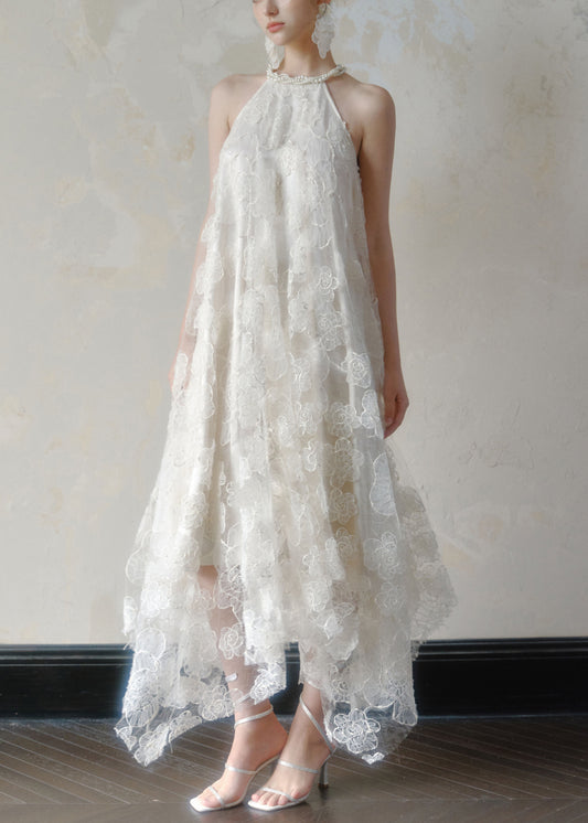 Art White Asymmetrical Pearl Lace Long Dress Sleeveless