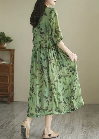 Green O-neck Print Wrinkled Long Dress Summer
