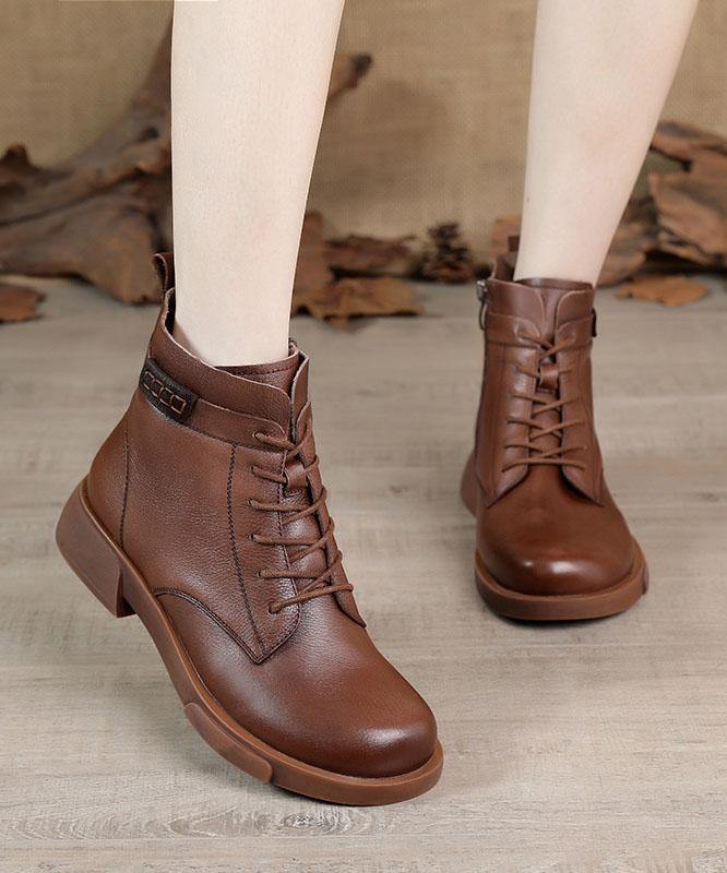 Brown Cowhide Leather Boots Cross Strap Ankle Boots