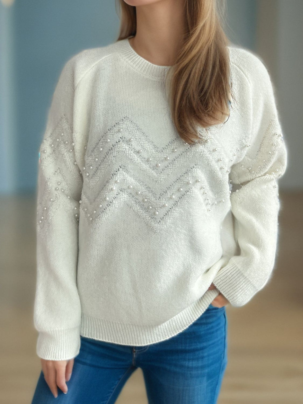 Concepcion® | Round neck sweater with raglan sleeves and pearl trim