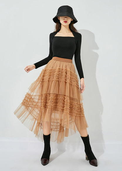 Yellow Low High Design Patchwork Wrinkled Tulle Skirts Summer