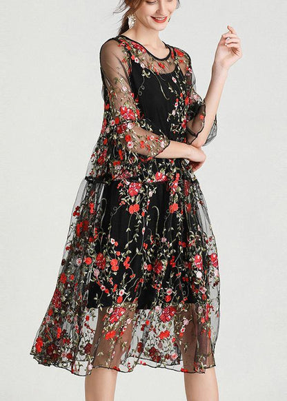 Black Embroidery Lace Dress Half Sleeve Sets 2 Pieces