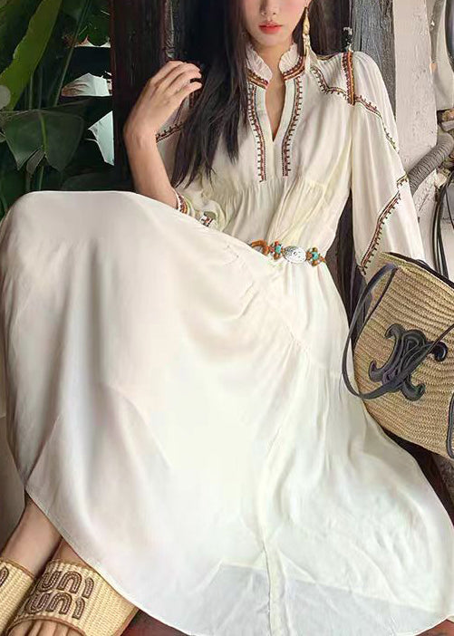 White Wrinkled Patchwork Cotton Long Dress Bracelet Sleeve