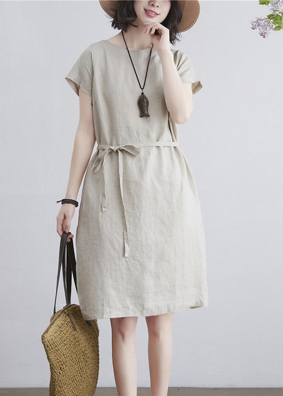 Art Beige O-neck Tie Waist Linen Mid Dresses Short Sleeve