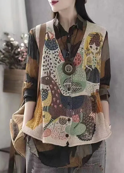 Beige Print Knit Vests Spring