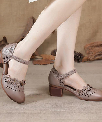 Apricot Cowhide Leather Sandals Hollow Out Buckle Strap
