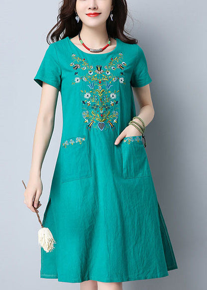 Green O-neck Side Open Embroidered Pockets Cotton Dresses Short Sleeve