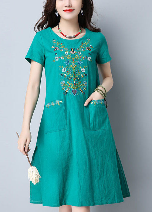 Green O-neck Side Open Embroidered Pockets Cotton Dresses Short Sleeve