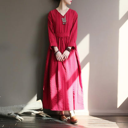 Retro V-neck Striped Loose Dress