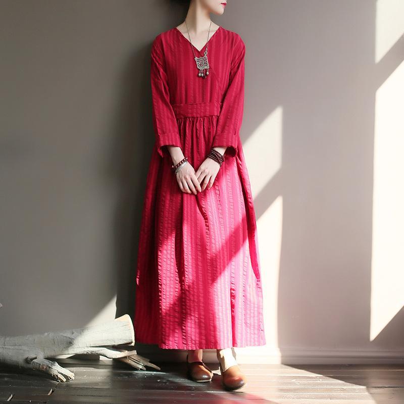 Retro V-neck Striped Loose Dress