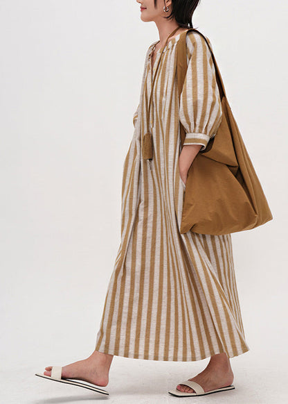 Diy Yellow Oversized Striped Linen Maxi Dress Bracelet Sleeve